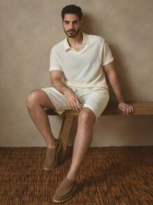 Manfinity VCAY 2pcs Knitted Close-Fitting Polo Collar Casual Suit Set, Suitable For Summer - Apricot - View 3