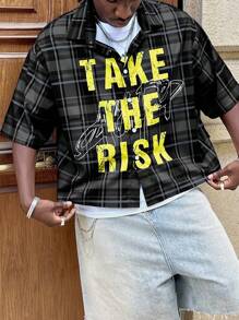 AXEPEAK 男士宽松数码印花格子短袖休闲衬衫，适合街头潮流，秋季 - 黑色 - 查看 6