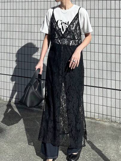 FRIFUL 女士纯色蕾丝透视镂空吊带裙太阳裙