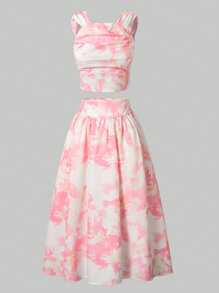 女童两件套花卉印花露背上衣和裙子套装，度假乡村甜美风格 - 粉色 - 查看 3