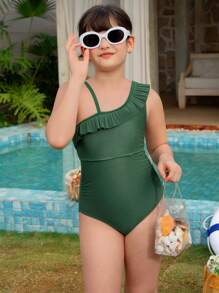 SHEIN 1pc Tween Girl One-Piece Swimsuit, Striped Fabric Flare Design Green Zipper Easy-To-Wear Children One-Piece Swimwear, Fashion Casual Elegant Ladylike Suitable For Swimming, Vacation, Summer. One-Piece Summer Swimsuit, Olive Green Color, Elegant, Adjustable Strap, Ruffle Trim, Hollow-Out Side & Back Tween Summer Cloths Tween Summer Clothes Girls Tween Kid Girl Clothes Tween Girl Clothes 14y - Olive Green - View 10