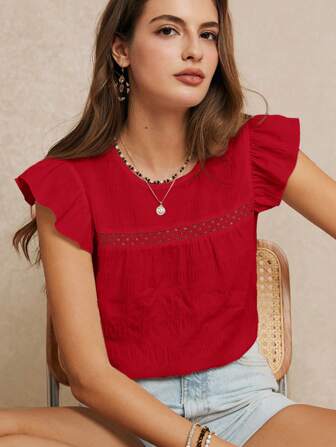 Poéselle Summer Vacation Wedding Season, Excellent Ruffle Trim Solid Color Blouse, Summer, Cute Top, Elegant Romantic, Boho Chic, Casual Style, Essential, Summer, Wedding Season Red