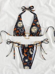 SHEIN Swim 2pcs/Set Summer Vacation Sexy Retro Print Halter Backless Triangle Top And Tie Side Bikini Bottom Swimsuit Set - Multicolor - View 3