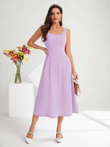 SHEIN Clasi 女士方领无袖优雅纯色连衣裙 - 淡紫色 - 查看 6