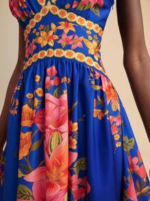 Travachic 女士 V 领印花连衣裙，夏季度假装 - 藏蓝色 - 查看 4