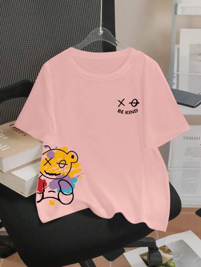 SHEIN ChicEase Versatile Women's Cute Bear Front Digital Print Short Sleeve Casual Tee, Comfortable For Home And Street Wear