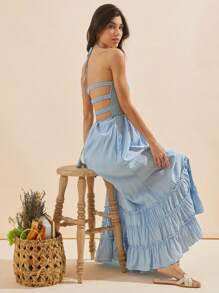WESTFADE Light Blue Spring Crepe Smocked Bodice Tiered Ruffle Open Back Tassel Tie Maxi Halter Neck Dress - Baby Blue - View 1