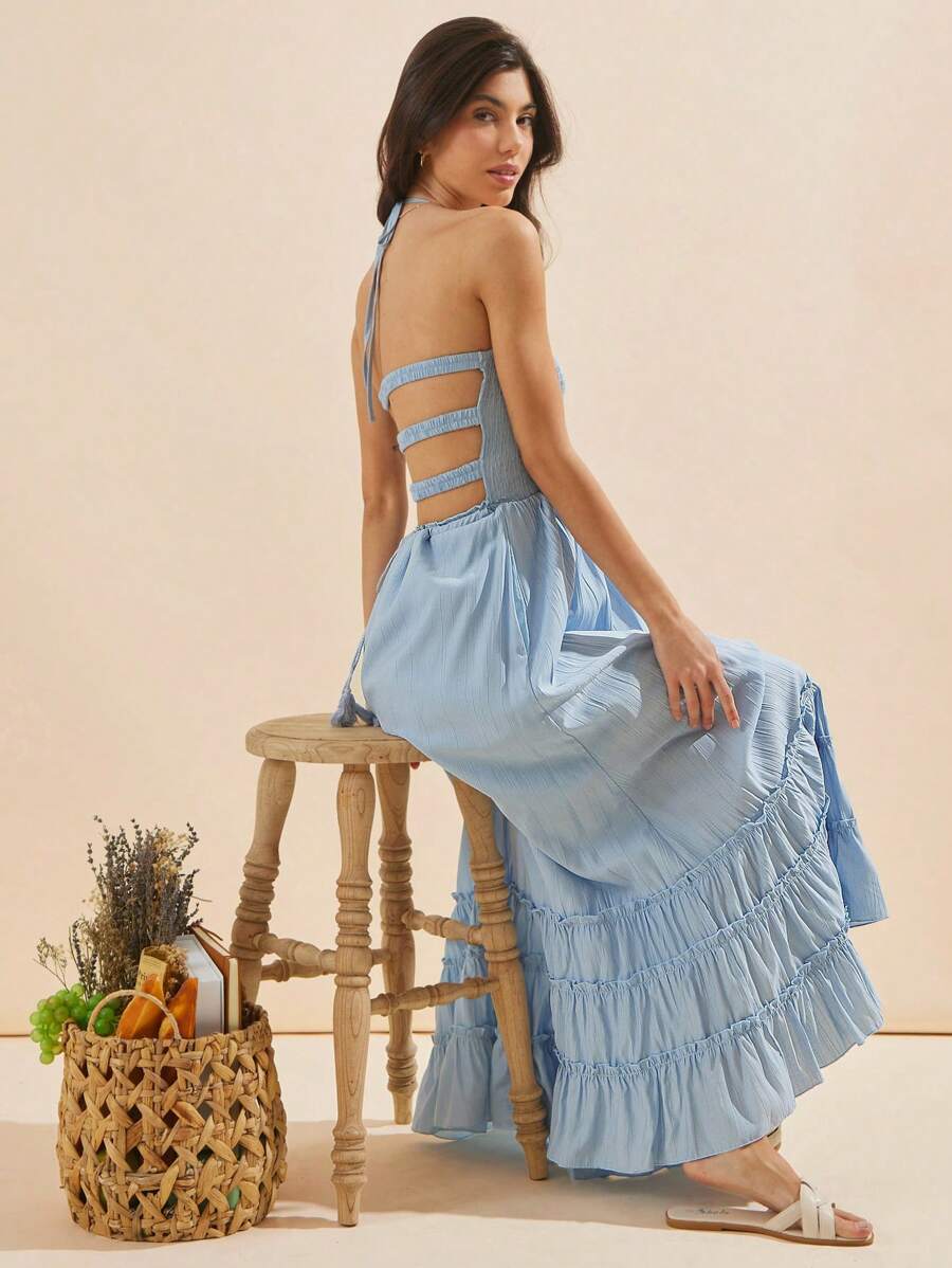 WESTFADE Light Blue Spring Crepe Smocked Bodice Tiered Ruffle Open Back Tassel Tie Maxi Halter Neck Dress - Baby Blue - View 1