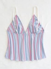 SHEIN Unity Vacation-Style Striped Bow Design Contrast Color Deep V Camisole - Pink - View 2