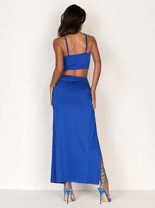 Glamine Women Floral Printed Cross Back Camisole Top And High Split Pleated Skirt Set - Blue - View 4