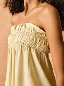 Poéselle Women's Two Pieces Suit, Linen Two Pieces Suit, With Pockets, Yellow Two Pieces Suit 2pcs/Set Vacation Casual Solid Color Bandeau Top And Long Pants Set Tube Top&Baggy Linen Pants Summer Clothes Two Pieces Outfits Summer Women Clothes Summer Two Pieces Outfits Yellow Pants Set, Butter Yellow - Yellow - View 3