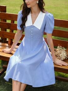 Vintamour 复古优雅女式格子纽扣休闲连衣裙度假茶会太阳裙女士夏季服装女士夏季连衣裙女士复活节连衣裙女士春季服装夏季服装女士度假服装婚礼宾客连衣裙女士春季连衣裙女士连衣裙夏季太阳裙女士连衣裙女士优雅度假服装女士生日连衣裙蓝色连衣裙度假连衣裙复活节服装女士 - 藍白色 - 查看 3