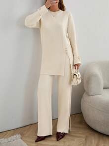 EURMUSE Women Solid Color Rib Knit Round Neck Button Detailed Pullover & Sweater Pants Knit Two Piece Set,Winter Clothes - Beige - View 5