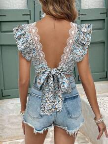 SHEIN Frenchy 女士碎花后背系带荷叶边蕾丝拼接衬衫