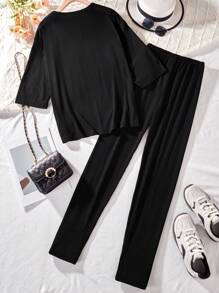 2pcs/Set Teen Girl Casual Ribbed Round Neck 3/4 Sleeve T-Shirt And Skinny Long Pants With Leg Slit, Suitable For Leisure And Home, Spring/Summer,Holiday,Summer,Travel