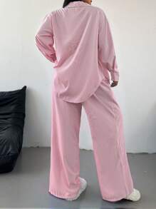 POPSWAY Conjunto informal de 2 piezas de manga larga con rayas azules y blancas en talla grande - Rosa vieja - Ver 2