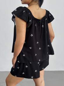 SHEIN MOOSTA 大码女式 2 件套上衣和短裤，蝴蝶印花盖袖方领衬衫和蝴蝶结休闲短裤，夏季 - 黑色 - 查看 2