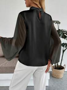 Uhlyne Fall Women Clothes Women's Elegant Minimalist Lantern Sleeve Fashion Blouse - Black - View 2