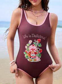 Strawberry Shortcake X SHEIN 女式卡通休闲可爱棕粉色撞色边饰字母图案连体泳衣