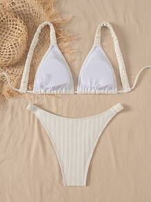 SHEIN Swim Bikini de primavera de dos piezas con textura lisa, almohadillas desmontables y fruncido - Beis - Ver 2