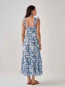 Florisole 女式优雅年轻蓝色贝壳印花休闲吊带裙 - 藏蓝色 - 查看 2