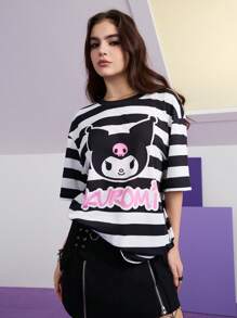 HELLO KITTY AND FRIENDS | SHEIN 男女款休闲宽松针织卡通图案黑白条纹印花短袖 T 恤，春夏 - 黑與白 - 查看 3