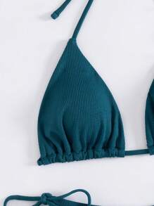SHEIN Swim 纯色比基尼泳装套装，带三角形上衣和丁字裤，适合海滩和度假 - 水鴨藍 - 查看 4