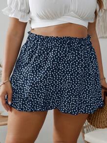 SHEIN VCAY Plus Ditsy Floral Print Paperbag Waist Skort Spring Short Shorts - Navy Blue - View 3