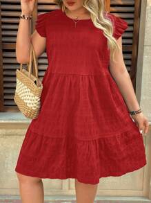 SHEIN VCAY Plus Size Sleeveless Solid Color Round Neck Casual Summer Dress - Red - View 5
