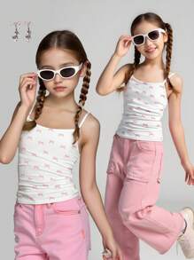 SHEIN Girlism 迷你蝴蝶结芭蕾舞者风格背心，适合青少年女孩的合身休闲运动背心 - 彩色 - 查看 3