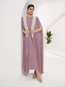 Al Najma Abaya arăbească elegantă pentru damă, bloc de culoare, îmbinare cu perle artificiale - Roz - Vizualizare 4