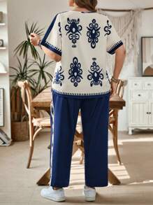 SHEIN LUNE Plus Size Allover Print Round Neck Short Sleeve Top And Pants 2 Pieces Set Summer Outfits For Women Two Pieces Set Women Summer Outfits For Women