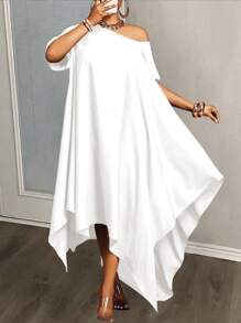 Slaydiva 2025 新款休闲百搭日常无袖/短袖宽松不对称下摆连衣裙，简约设计，适合春夏季