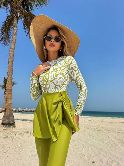 Swim Shayni Women's Casual Slim-Fit Beach Version Printed Round Neck Zipper Skirt With Left Side Drawstring Long Sleeve T-Shirt And Solid Color Long Pants Burkini Swimsuit Set For Summer Beach Vacation