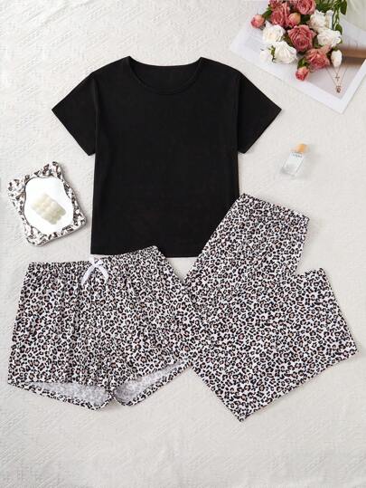 SHEIN Set de 3 piezas de pijama de talla grande con estampado de unicolor y leopardo de manga corta, conjuntos