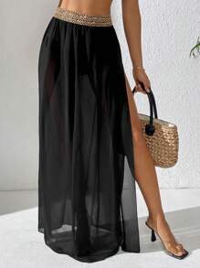 SHEIN Swim Women's Black Lace Waist Split Hem Skirt And Overlay Set, Spring/Summer - Black - View 6