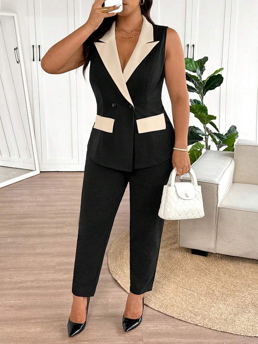SHEIN Frenchy Bộ 2 quần áo vest và quần dài màu tương phản thường ngày cỡ lớn cho người đi làm - màu đen - Xem 1