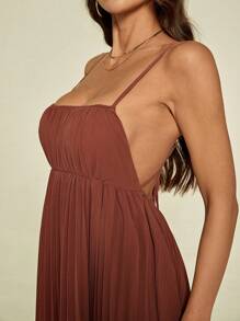SHEIN Tall 女士砖红色连衣裙，夏季度假装，现代度假波西米亚纯色沙滩裙，极简主义无袖褶皱连衣裙 - 鏽棕色 - 查看 5