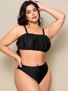 SHEIN Swim Curve Plus Size Women's Minimalist Basic Beach Holiday Bikini Set For Summer Beach Vacation - Black - View 5