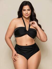 SHEIN Swim Plus Size Solid Color Simple Beach Swimsuit Set For Summer Beach Vacation - Black - View 6