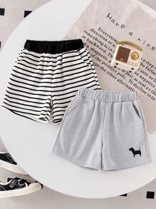 SHEIN 2件装男童黑白条纹针织短裤和纯灰色小狗图案短裤，夏季运动短裤，时尚百搭 - 彩色 - 查看 3