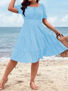 SHEIN Clasi Plus Size damska prosta prosta codzienna sukienka z krótkim rękawem, na Boże Narodzenie bordowy kolor damski strój - Jasnoniebieski - Zobacz 4