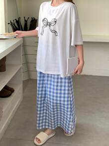 DAZY 2pcs Bow Printed Loose Short Sleeve Plaid Shorts Set, Women Summer Pajamas - White - View 7
