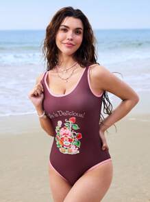 Strawberry Shortcake X SHEIN 女式卡通休闲可爱棕粉色撞色边饰字母图案连体泳衣