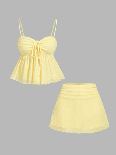 SHEIN MOD Women Yellow Camisole Top And Mini Skirt Set, Summer Cropped Tank Top, Music Festival Outfit, Backless Top, Cute Summer Set, Babydoll Women Top, Yellow Women Outfits, Spring/Summer Outfit, Butter Yellow, Picnic Outfit, Party , Holidays, Birthday, Festiva, Tea Party Outfit, Romantic Style, Casual Women Outfits