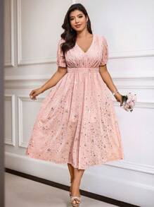 SHEIN Belle 大码 V 领金属光泽宽松优雅派对连衣裙 - 粉色 - 查看 3