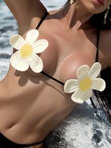 Swim SXY 2 件女式性感微三角泳衣套装带花朵装饰上衣，性感纯色比基尼泳裤，成人沙滩比基尼，适合夏季度假 - 黑色 - 查看 6