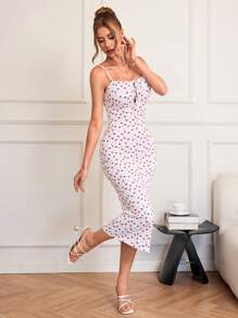 SHEIN VCAY Vestido de verano para vacaciones y citas, vestido con diseño delantero de encaje tejido fino, con estampado rojo y blanco de flores pequeñas, vestido de playa para vacaciones de verano, vestido para volver al colegio, vestido muy sencillo, vestido de oficina, vestido con aire "old money", vestido de profesora, vestido de cita, vestido para ir a bodas y fiestas con amigas en verano, vestido para ir a festivales de música, vestidos de verano para mujeres - Rojo y blanco - Ver 3