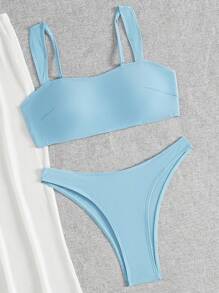 SHEIN Swim 3pcs Blue Wide Strap Bikini Set With White Mesh Beach Maxi Dress, Vacation Style Women Swimsuit For Summer - Blue and White - View 4