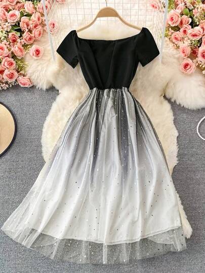 SHEIN LUNE 大码女式露肩渐变亮片雪纺和网眼 A 字形中长连衣裙，适合派对